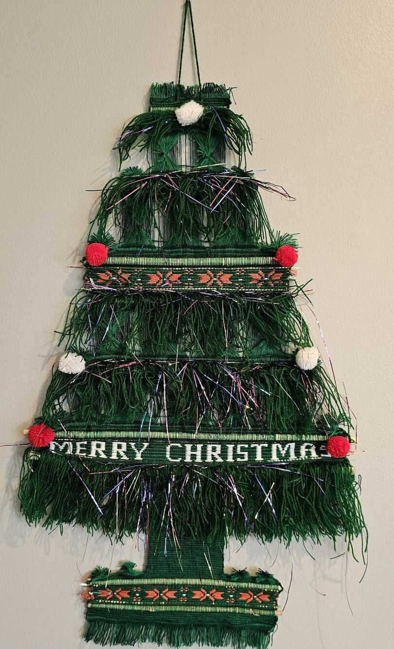 Vintage Christmas Tree Wall Hanging Tapestry Woven Pom Pom Fringe Mid Century